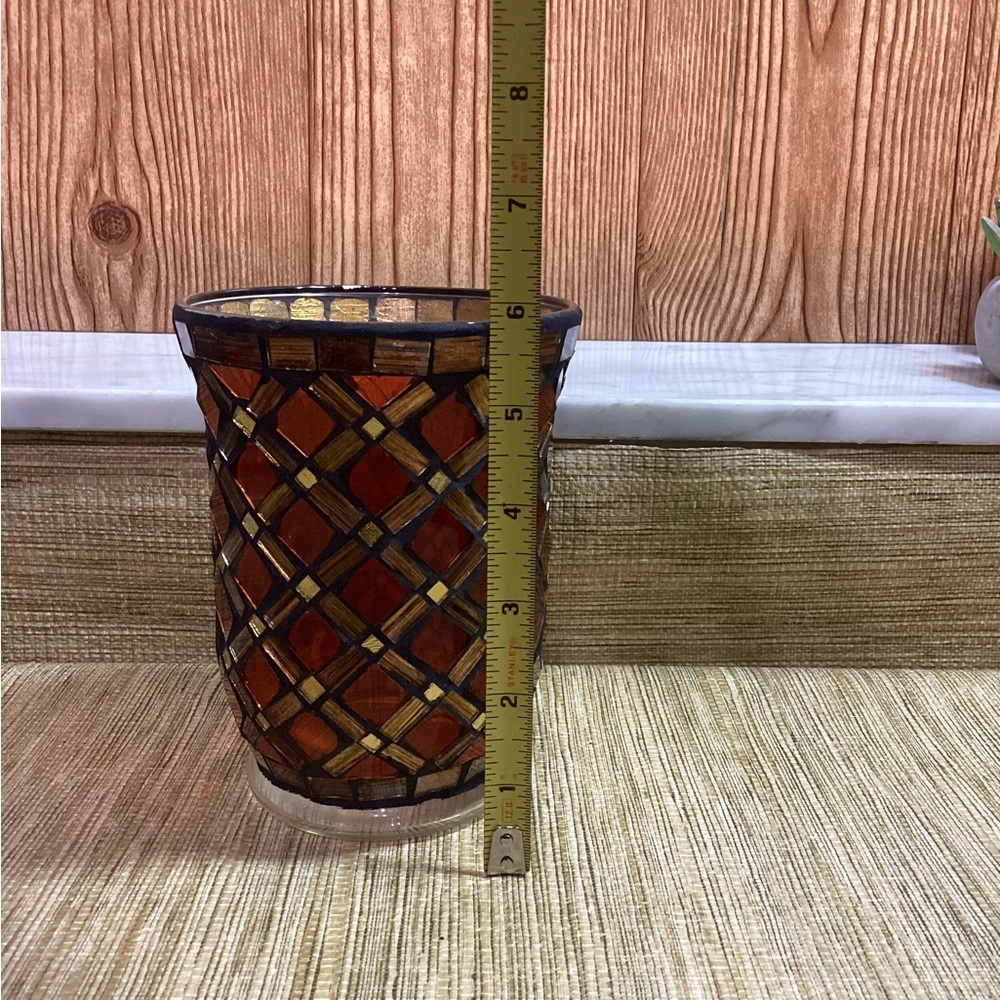 Elegant mosaic Brown with Gold Glass Candle Holder 5.75”